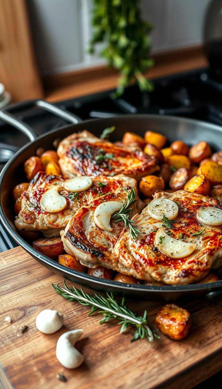 A beautifully arranged one-pan meal featuring perfectly cooked pork chops with a golden-brown sear, garnished with fresh herbs and slices of garlic. The pork chops are surrounded by vibrant, roasted baby potatoes, some crisped to perfection, and sprinkled with rosemary and thyme. The foreground showcases a well-used rustic wooden cutting board, with a few scattered garlic cloves and a sprig of parsley as decoration. In the middle, the pan is placed on a stove, with warm, inviting lighting that highlights the rich colors of the dish. The background reflects a cozy kitchen setting with soft-focus elements like hanging herbs and a hint of kitchen utensils, contributing to a homey atmosphere. The overall mood is warm and inviting, making viewers hungry to try this quick and delicious meal.