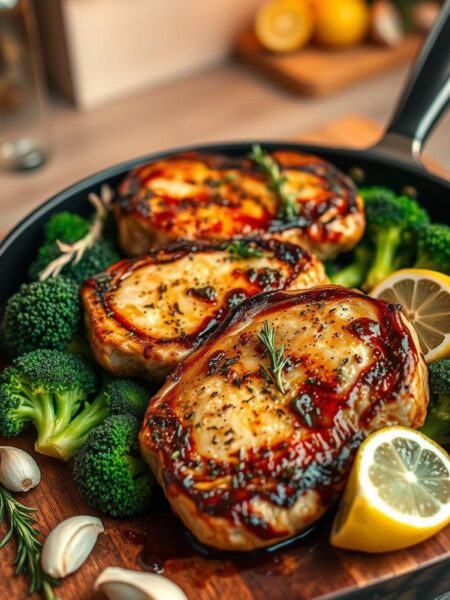 A beautifully arranged one-pan meal featuring tender, juicy pork chops seared to a golden brown, nestled among vibrant green broccoli florets. The pork chops are glistening with a savory glaze, garnished with fresh herbs like rosemary and thyme. In the foreground, a rustic wooden platter enhances the home-cooked feel, while a few garlic cloves and slices of lemon add brightness to the composition. The background shows a softly blurred kitchen, warm ambient lighting creating a cozy atmosphere. The angle captures an inviting overhead view, emphasizing the textures of the meal, making it look delicious and appealing for a busy night dinner. The scene should evoke a sense of warmth and homeliness, perfect for a family meal.