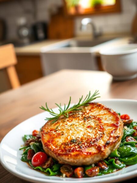 A beautifully arranged plate featuring Tuscan pork chops garnished with fresh spinach, garlic, and sun-dried tomatoes. The pork chops are golden-brown with a crispy crust, resting atop a vibrant bed of sautéed spinach, infused with a rich olive oil and herb sauce. In the foreground, the dish is elegantly presented on a rustic wooden table, adorned with a sprig of rosemary and a sprinkle of Parmesan cheese. In the middle, a soft-focus background showcases a cozy kitchen setting with warm, natural light streaming in through a window, highlighting the inviting atmosphere. The image captures a warm, comforting mood, emphasizing the deliciousness and ease of a 30-minute recipe, with a shallow depth of field to draw attention to the dish.