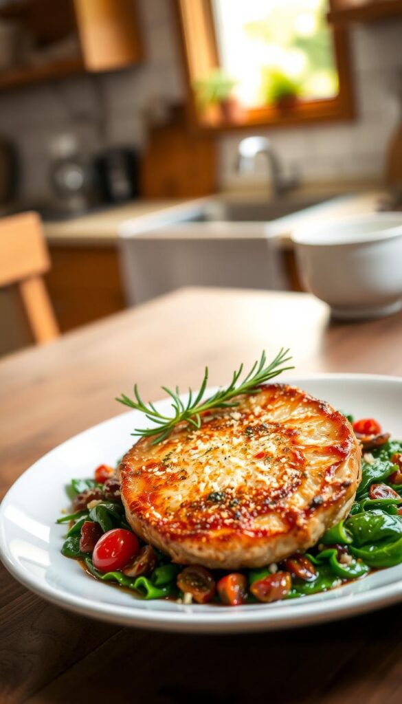 A beautifully arranged plate featuring Tuscan pork chops garnished with fresh spinach, garlic, and sun-dried tomatoes. The pork chops are golden-brown with a crispy crust, resting atop a vibrant bed of sautéed spinach, infused with a rich olive oil and herb sauce. In the foreground, the dish is elegantly presented on a rustic wooden table, adorned with a sprig of rosemary and a sprinkle of Parmesan cheese. In the middle, a soft-focus background showcases a cozy kitchen setting with warm, natural light streaming in through a window, highlighting the inviting atmosphere. The image captures a warm, comforting mood, emphasizing the deliciousness and ease of a 30-minute recipe, with a shallow depth of field to draw attention to the dish.