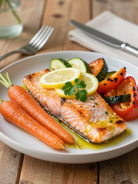 A beautifully arranged plate of Dump-and-Bake Lemon Garlic Salmon accompanied by colorful roasted vegetables. The salmon fillet glistens with a light lemony glaze, garnished with fresh parsley and lemon slices on top. Surrounding the salmon are vibrant carrots, zucchini, and bell peppers, all lightly charred and glistening with a touch of olive oil. The scene is set on a rustic wooden table, with a soft, diffused natural light illuminating the dish, creating a warm and inviting atmosphere. A simple, elegant table setting enhances the aesthetic, with a fork and knife placed neatly beside the plate. The background is softly blurred, featuring a hint of kitchen utensils and a vase of fresh herbs, adding depth without distraction.