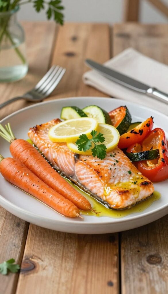 A beautifully arranged plate of Dump-and-Bake Lemon Garlic Salmon accompanied by colorful roasted vegetables. The salmon fillet glistens with a light lemony glaze, garnished with fresh parsley and lemon slices on top. Surrounding the salmon are vibrant carrots, zucchini, and bell peppers, all lightly charred and glistening with a touch of olive oil. The scene is set on a rustic wooden table, with a soft, diffused natural light illuminating the dish, creating a warm and inviting atmosphere. A simple, elegant table setting enhances the aesthetic, with a fork and knife placed neatly beside the plate. The background is softly blurred, featuring a hint of kitchen utensils and a vase of fresh herbs, adding depth without distraction. A beautifully arranged plate of Dump-and-Bake Lemon Garlic Salmon accompanied by colorful roasted vegetables. The salmon fillet glistens with a light lemony glaze, garnished with fresh parsley and lemon slices on top. Surrounding the salmon are vibrant carrots, zucchini, and bell peppers, all lightly charred and glistening with a touch of olive oil. The scene is set on a rustic wooden table, with a soft, diffused natural light illuminating the dish, creating a warm and inviting atmosphere. A simple, elegant table setting enhances the aesthetic, with a fork and knife placed neatly beside the plate. The background is softly blurred, featuring a hint of kitchen utensils and a vase of fresh herbs, adding depth without distraction.