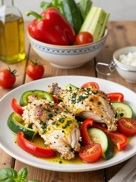 A beautifully arranged plate of Italian chicken with vibrant vegetables, showcasing juicy pieces of chicken marinated in herbs, garlic, and olive oil. The dish includes colorful bell peppers, zucchini, and cherry tomatoes, artfully scattered around the chicken. In the foreground, a rustic wooden table enhances the homemade feel, with a sprig of fresh basil for garnish. In the middle ground, a decorative bowl filled with fresh vegetables and a bottle of olive oil set the ambiance of an Italian kitchen. The background features soft, diffused lighting that creates a warm, inviting mood, reminiscent of a cozy family dinner. Capture this scene from a slightly elevated angle, focusing on the textures and colors of the dish, while maintaining a clean backdrop for a professional presentation.