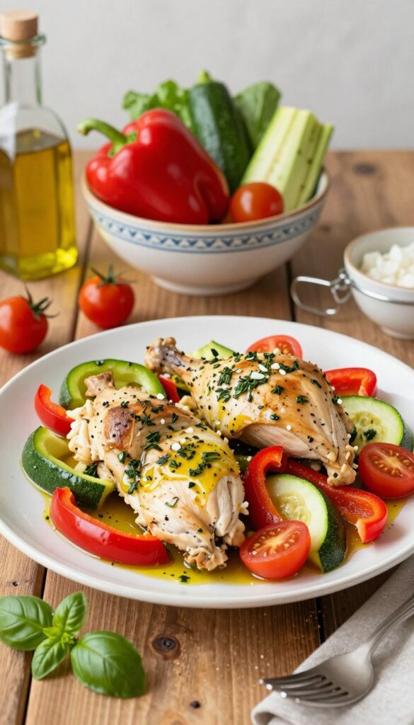 A beautifully arranged plate of Italian chicken with vibrant vegetables, showcasing juicy pieces of chicken marinated in herbs, garlic, and olive oil. The dish includes colorful bell peppers, zucchini, and cherry tomatoes, artfully scattered around the chicken. In the foreground, a rustic wooden table enhances the homemade feel, with a sprig of fresh basil for garnish. In the middle ground, a decorative bowl filled with fresh vegetables and a bottle of olive oil set the ambiance of an Italian kitchen. The background features soft, diffused lighting that creates a warm, inviting mood, reminiscent of a cozy family dinner. Capture this scene from a slightly elevated angle, focusing on the textures and colors of the dish, while maintaining a clean backdrop for a professional presentation.