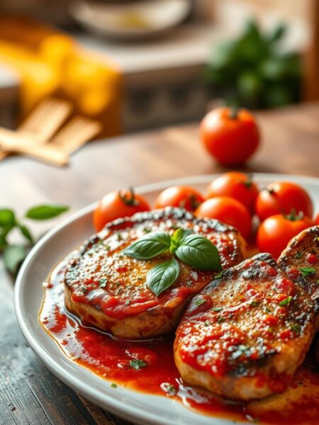 A beautifully arranged plate of Italian-style pork chops, perfectly seared and glistening with a rich tomato sauce, garnished with fresh basil leaves. The foreground features a rustic wooden table setting with a cozy, home-cooked vibe. In the middle, the vibrant red tomatoes, drizzled with olive oil and sprinkled with herbs, create an irresistible focal point around the pork chops. The background shows a blurred kitchen environment bathed in warm, golden light, giving an inviting atmosphere. Use a close-up angle to capture the textures of the meat and sauce, highlighting its succulence. The mood is warm and comforting, evoking the joy of a satisfying home-cooked meal. No text, logos, or watermarks present.