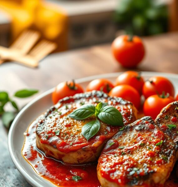 A beautifully arranged plate of Italian-style pork chops, perfectly seared and glistening with a rich tomato sauce, garnished with fresh basil leaves. The foreground features a rustic wooden table setting with a cozy, home-cooked vibe. In the middle, the vibrant red tomatoes, drizzled with olive oil and sprinkled with herbs, create an irresistible focal point around the pork chops. The background shows a blurred kitchen environment bathed in warm, golden light, giving an inviting atmosphere. Use a close-up angle to capture the textures of the meat and sauce, highlighting its succulence. The mood is warm and comforting, evoking the joy of a satisfying home-cooked meal. No text, logos, or watermarks present.