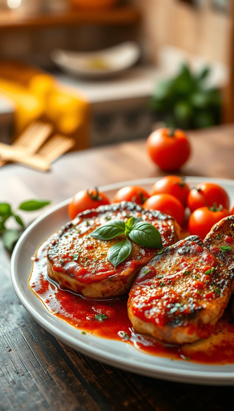 A beautifully arranged plate of Italian-style pork chops, perfectly seared and glistening with a rich tomato sauce, garnished with fresh basil leaves. The foreground features a rustic wooden table setting with a cozy, home-cooked vibe. In the middle, the vibrant red tomatoes, drizzled with olive oil and sprinkled with herbs, create an irresistible focal point around the pork chops. The background shows a blurred kitchen environment bathed in warm, golden light, giving an inviting atmosphere. Use a close-up angle to capture the textures of the meat and sauce, highlighting its succulence. The mood is warm and comforting, evoking the joy of a satisfying home-cooked meal. No text, logos, or watermarks present.