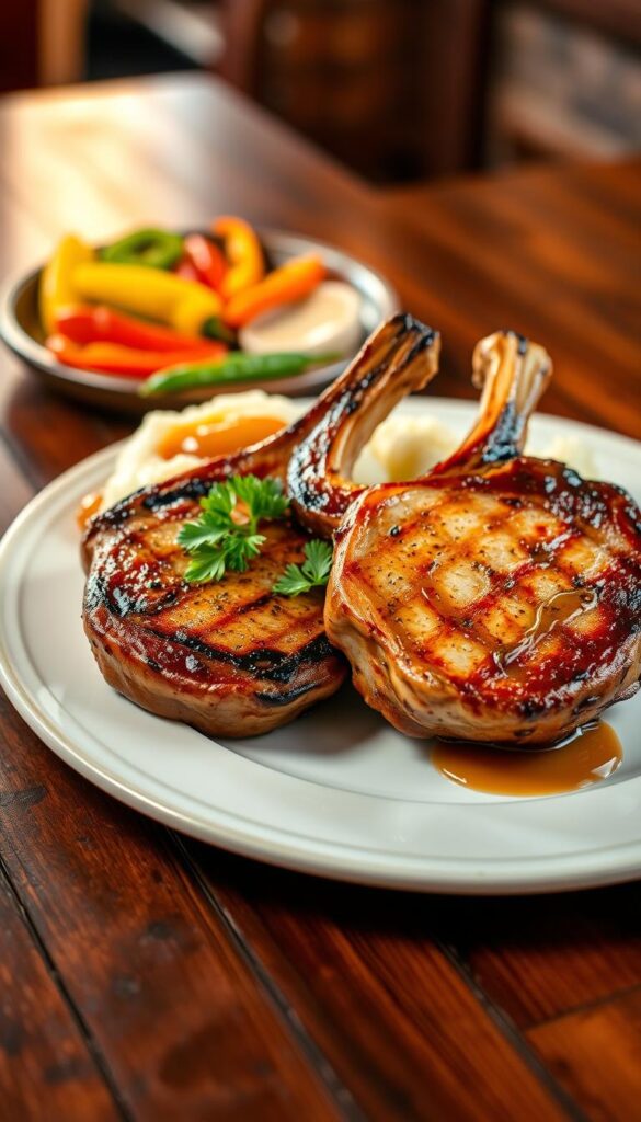 A beautifully arranged plate of Texas Roadhouse pork chops, displaying two thick, juicy chops with a perfectly charred, golden-brown crust. The foreground emphasizes the succulent meat, garnished with fresh parsley and accompanied by a side of creamy mashed potatoes drizzled with hearty gravy. In the middle background, there are a few colorful, grilled vegetables like bell peppers and onions, adding vibrancy to the dish. The setting is a rustic wooden table, enhancing the Texas Roadhouse ambiance, with warm, soft lighting that creates a cozy and inviting atmosphere. The camera angle is slightly above the table, focusing on the dish while subtly blurring the background, capturing the essence of a homestyle, mouthwatering meal.