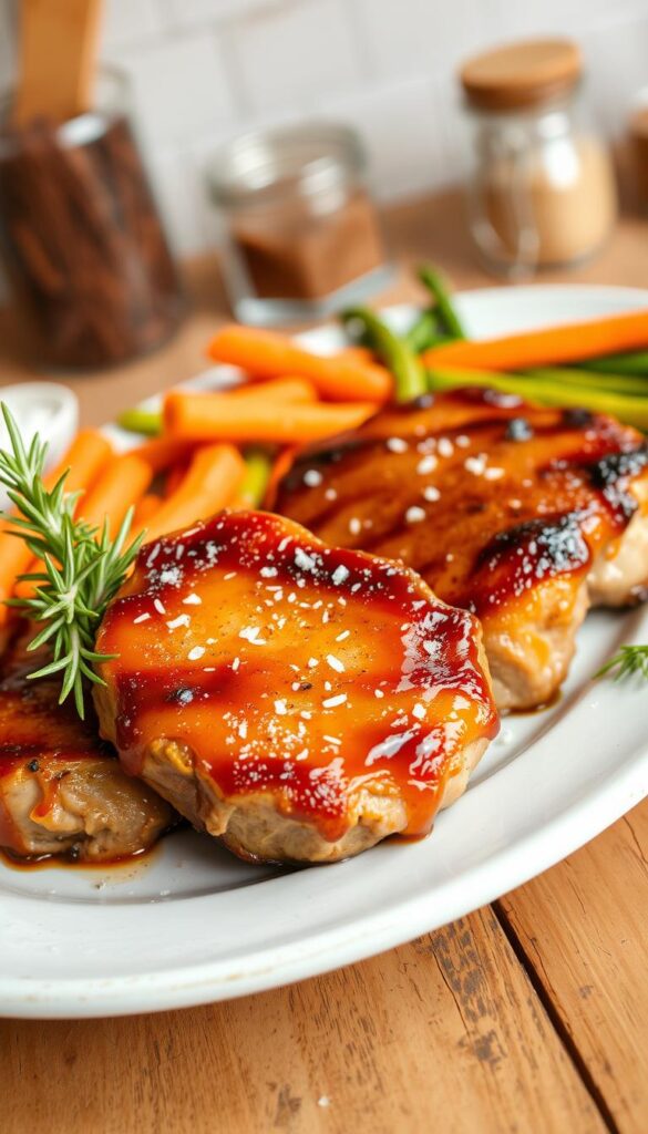 A beautifully arranged plate of brown sugar baked pork chops, glistening with a caramelized glaze, takes center stage. In the foreground, the succulent pork chops are garnished with sprigs of fresh rosemary and a sprinkle of coarse sea salt, showcasing their juicy texture. Surrounding the pork chops, there are vibrant sides of roasted vegetables, including bright orange carrots and green asparagus. Set on a rustic wooden table with a soft, warm lighting that enhances the dish's inviting appearance. In the background, a blurred kitchen setting suggests home cooking, with subtle hints of ingredients like brown sugar and spices, creating a cozy and savory atmosphere. The shot is taken from a slightly elevated angle, emphasizing the vibrant colors and delicious appeal of the meal.