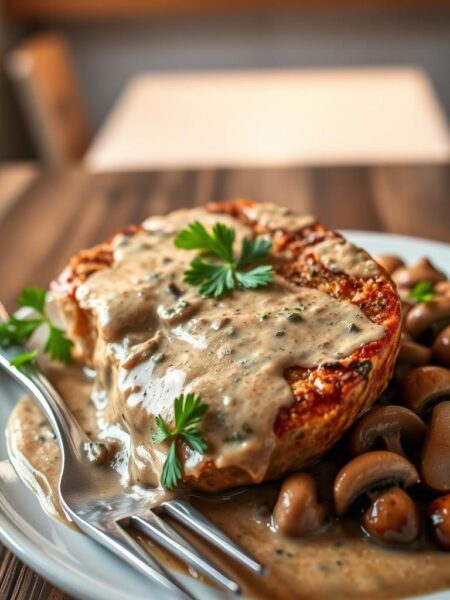 A beautifully arranged plate of creamy mushroom pork chops, garnished with fresh parsley, set on a rustic wooden table. The pork chops are plated with a rich, velvety mushroom sauce, spilling over the sides, showcasing the succulent texture of the meat. In the foreground, a fork rests beside the plate, tantalizingly poised to take a bite. The middle ground features sautéed mushrooms and garlic, enhancing the dish's appetizing allure, bathed in warm, soft lighting that highlights the creamy texture. In the background, a blurred kitchen scene softly glows, suggesting a cozy home atmosphere. The angle is a slight overhead view, creating an inviting and mouth-watering presentation ideal for a comforting culinary experience.