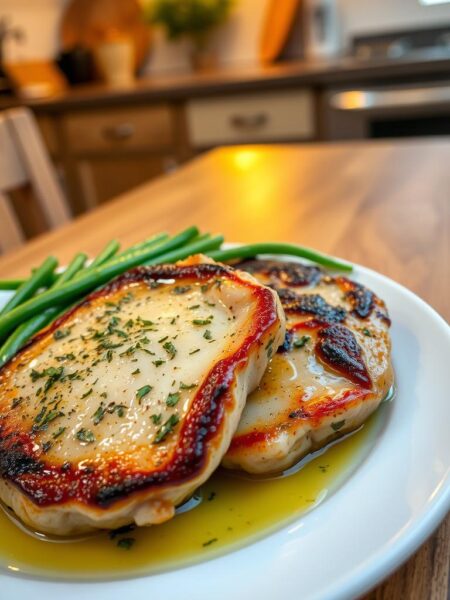 A beautifully arranged plate of garlic butter pork chops, glistening with a savory garlic and herb sauce, sits prominently in the foreground. The chops are perfectly seared golden-brown, with melted herb-infused butter pooling around them. Next to the pork, vibrant green beans are sautéed, showcasing a fresh and healthy contrast. In the middle ground, a wooden table adds a rustic touch, enhancing the meal's comforting appeal. The background features a softly blurred kitchen setting, with warm, inviting lighting that casts a gentle glow on the dish, evoking a cozy atmosphere. Capture the shot from a slight overhead angle to highlight the rich textures and colors of the food, making it irresistibly appetizing.
