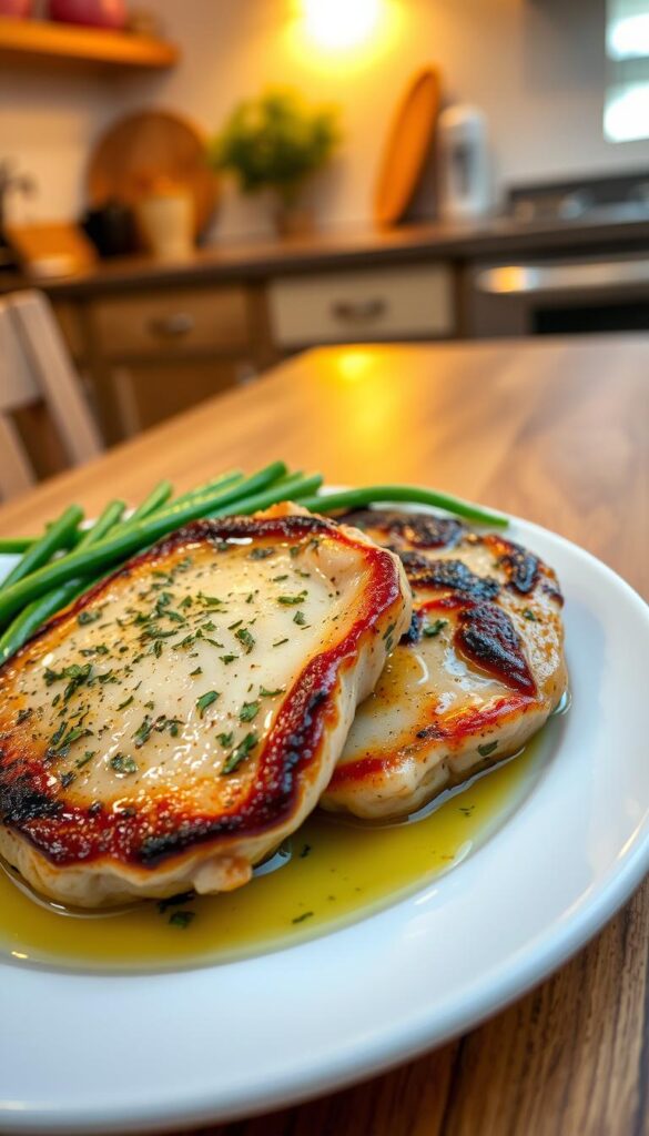 A beautifully arranged plate of garlic butter pork chops, glistening with a savory garlic and herb sauce, sits prominently in the foreground. The chops are perfectly seared golden-brown, with melted herb-infused butter pooling around them. Next to the pork, vibrant green beans are sautéed, showcasing a fresh and healthy contrast. In the middle ground, a wooden table adds a rustic touch, enhancing the meal's comforting appeal. The background features a softly blurred kitchen setting, with warm, inviting lighting that casts a gentle glow on the dish, evoking a cozy atmosphere. Capture the shot from a slight overhead angle to highlight the rich textures and colors of the food, making it irresistibly appetizing.