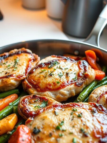 A beautifully arranged plate of garlic ranch pork chops sizzling in a skillet, glistening with a savory glaze. The pork chops, juicy and perfectly cooked with crispy edges, are sprinkled with fresh herbs like parsley and thyme, and accompanied by vibrant roasted vegetables such as carrots, bell peppers, and green beans. In the background, soft kitchen lighting casts a warm glow, enhancing the inviting atmosphere of a home-cooked meal. The scene captures a close-up angle from above, showcasing the delicious detail in the food's texture. The overall mood is cozy and appetizing, evoking a sense of comfort and satisfaction, perfect for a quick weeknight dinner setting.