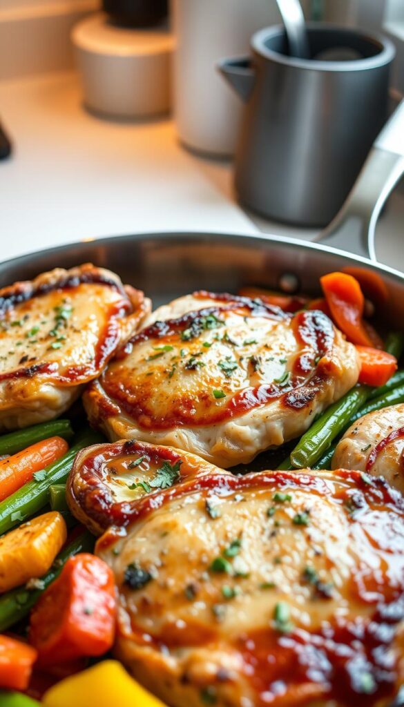 A beautifully arranged plate of garlic ranch pork chops sizzling in a skillet, glistening with a savory glaze. The pork chops, juicy and perfectly cooked with crispy edges, are sprinkled with fresh herbs like parsley and thyme, and accompanied by vibrant roasted vegetables such as carrots, bell peppers, and green beans. In the background, soft kitchen lighting casts a warm glow, enhancing the inviting atmosphere of a home-cooked meal. The scene captures a close-up angle from above, showcasing the delicious detail in the food's texture. The overall mood is cozy and appetizing, evoking a sense of comfort and satisfaction, perfect for a quick weeknight dinner setting.