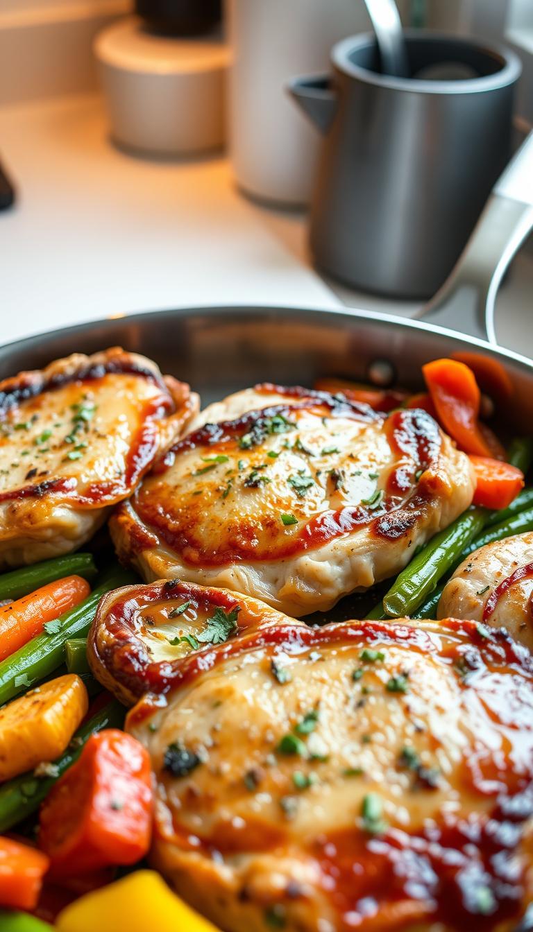A beautifully arranged plate of garlic ranch pork chops sizzling in a skillet, glistening with a savory glaze. The pork chops, juicy and perfectly cooked with crispy edges, are sprinkled with fresh herbs like parsley and thyme, and accompanied by vibrant roasted vegetables such as carrots, bell peppers, and green beans. In the background, soft kitchen lighting casts a warm glow, enhancing the inviting atmosphere of a home-cooked meal. The scene captures a close-up angle from above, showcasing the delicious detail in the food's texture. The overall mood is cozy and appetizing, evoking a sense of comfort and satisfaction, perfect for a quick weeknight dinner setting.