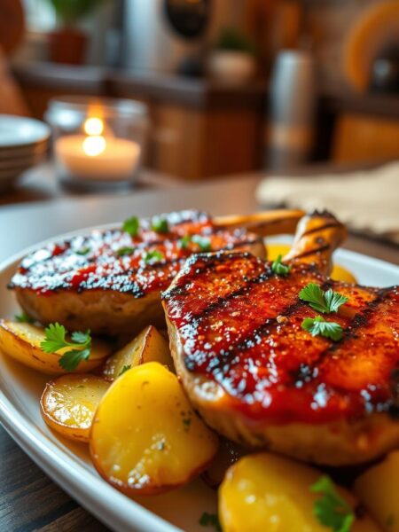 A beautifully arranged plate of paprika pork chops, glistening with a rich, deep red marinade, served alongside golden roasted potatoes scattered with fresh herbs. In the foreground, the pork chops are perfectly seared with visible grill marks and garnished with a sprinkle of paprika and parsley for a pop of color. The middle ground features the rustic potatoes glazed with olive oil, their crispy edges catching the light. A warm, inviting kitchen setting provides a cozy backdrop, softly illuminated by ambient light, creating an inviting atmosphere. The angle captures the dish from slightly above, emphasizing the vibrant colors and textures while maintaining an intimate feel. The scene is lush and appetizing, ideal for showcasing a delicious one-pan meal.