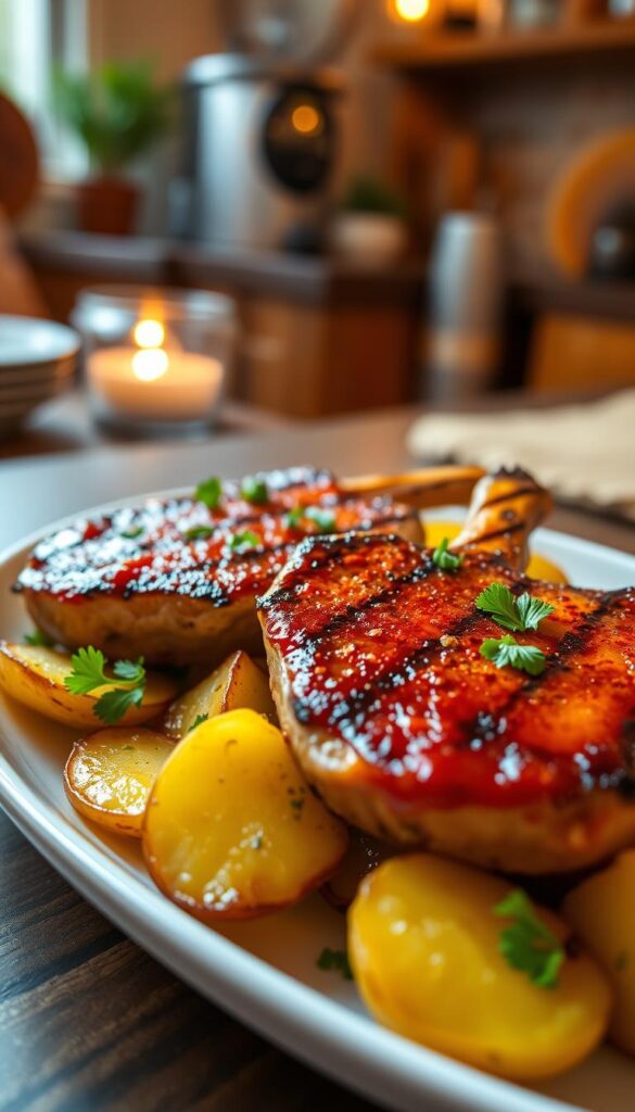 A beautifully arranged plate of paprika pork chops, glistening with a rich, deep red marinade, served alongside golden roasted potatoes scattered with fresh herbs. In the foreground, the pork chops are perfectly seared with visible grill marks and garnished with a sprinkle of paprika and parsley for a pop of color. The middle ground features the rustic potatoes glazed with olive oil, their crispy edges catching the light. A warm, inviting kitchen setting provides a cozy backdrop, softly illuminated by ambient light, creating an inviting atmosphere. The angle captures the dish from slightly above, emphasizing the vibrant colors and textures while maintaining an intimate feel. The scene is lush and appetizing, ideal for showcasing a delicious one-pan meal.