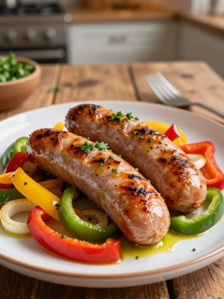 A beautifully arranged plate of sautéed sausage and colorful peppers, featuring vibrant red, yellow, and green bell peppers alongside sliced onions. The sausages are grilled to a perfect golden brown, glistening with a drizzle of olive oil and seasoned herbs. In the background, a rustic wooden table enhances the home-cooked feel, with a blurred view of a cozy kitchen setting, warm lighting casting a soft glow. The composition is shot from a slightly elevated angle, capturing the textures of the ingredients, and showcasing a sprinkle of fresh parsley on top for a pop of color. The mood is inviting and warm, perfect for a comforting dinner setting.