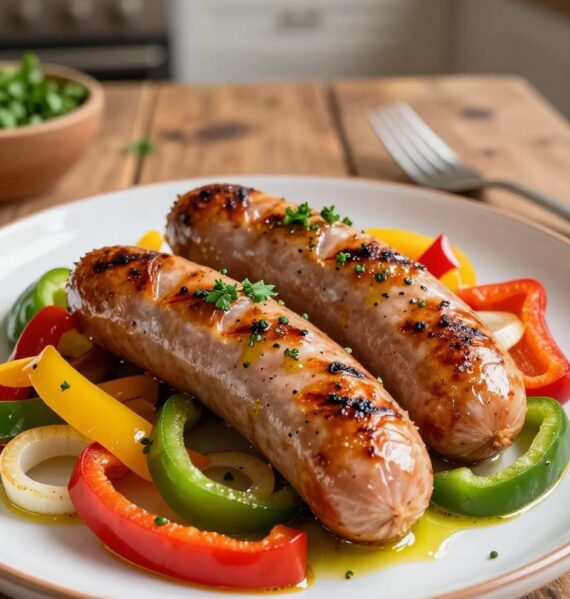 A beautifully arranged plate of sautéed sausage and colorful peppers, featuring vibrant red, yellow, and green bell peppers alongside sliced onions. The sausages are grilled to a perfect golden brown, glistening with a drizzle of olive oil and seasoned herbs. In the background, a rustic wooden table enhances the home-cooked feel, with a blurred view of a cozy kitchen setting, warm lighting casting a soft glow. The composition is shot from a slightly elevated angle, capturing the textures of the ingredients, and showcasing a sprinkle of fresh parsley on top for a pop of color. The mood is inviting and warm, perfect for a comforting dinner setting.