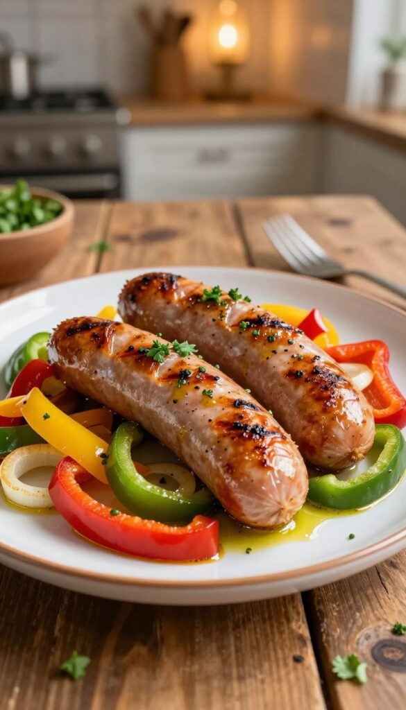 A beautifully arranged plate of sautéed sausage and colorful peppers, featuring vibrant red, yellow, and green bell peppers alongside sliced onions. The sausages are grilled to a perfect golden brown, glistening with a drizzle of olive oil and seasoned herbs. In the background, a rustic wooden table enhances the home-cooked feel, with a blurred view of a cozy kitchen setting, warm lighting casting a soft glow. The composition is shot from a slightly elevated angle, capturing the textures of the ingredients, and showcasing a sprinkle of fresh parsley on top for a pop of color. The mood is inviting and warm, perfect for a comforting dinner setting.