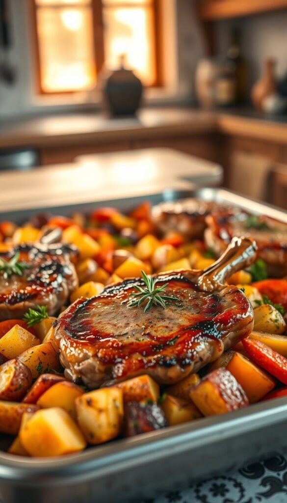 A beautifully arranged sheet pan featuring succulent pork chops, seasoned with rosemary and garlic, resting on a bed of vibrant roasted potatoes and colorful vegetables like carrots and bell peppers. The foreground showcases the juicy, golden-brown pork chops with crispy edges, glistening with a savory glaze. In the middle, the potatoes are golden and tender, interspersed with bright green herbs for garnish. The background reveals a rustic kitchen setting, softly illuminated by warm, natural lighting filtering through a nearby window, creating a cozy atmosphere. The image captures the inviting essence of a home-cooked meal, emphasizing freshness and flavor, with a shallow depth of field to softly blur the background elements, allowing the dish to stand out prominently.