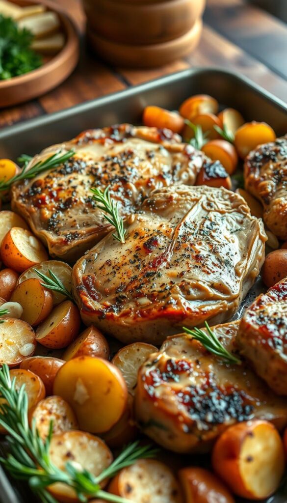 A beautifully arranged sheet pan featuring succulent ranch pork chops, seasoned with herbs and spices, glistening under soft lighting. Surrounding the chops, golden roasted baby potatoes are perfectly crisped, with slivers of garlic and fresh rosemary scattered amidst them. In the background, a wooden kitchen table adds warmth, with hints of green herbs and fresh vegetables strategically placed for contrast. The lighting is warm and inviting, casting a natural glow on the dish. A close-up perspective captures the texture of the pork and potatoes, creating a homely, comforting atmosphere, suitable for a family dinner or gathering. No text or markings in the image.