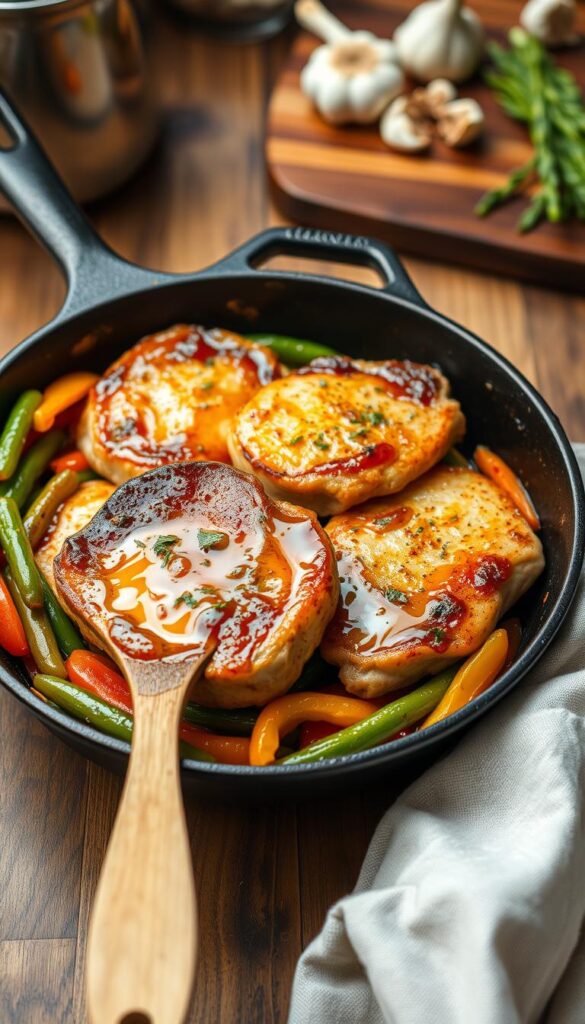 A beautifully arranged skillet of honey garlic pork chops sizzling in a well-seasoned cast-iron skillet. The pork chops are golden brown, glistening with a glossy honey garlic sauce, surrounded by vibrant sautéed vegetables like bell peppers and green beans. In the foreground, a wooden spoon rests next to the skillet, emphasizing the home-cooked charm. The middle ground features a rustic kitchen setting with warm, inviting lighting that creates a cozy atmosphere. The background includes a blurred view of a wooden cutting board with fresh herbs and garlic cloves. The overall mood is warm and inviting, perfect for a comforting meal, captured in a slightly overhead angle to showcase the delicious details.
