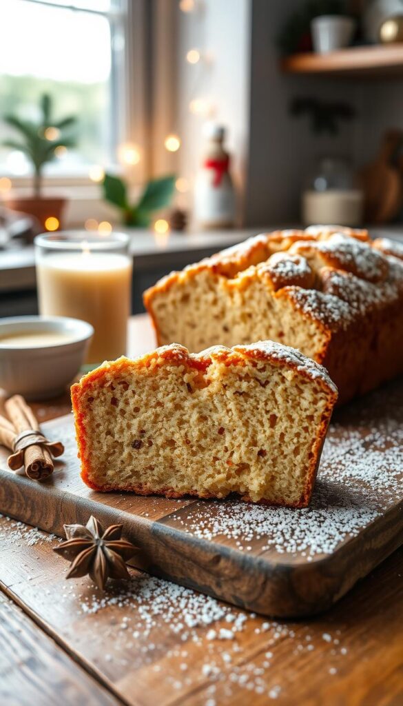A beautifully arranged slice of eggnog quick bread on a rustic wooden cutting board, showcasing its moist texture and rich golden-brown crust. The bread is generously topped with a light dusting of powdered sugar and surrounded by festive ingredients like a cinnamon stick, star anise, and a small bowl of eggnog. In the background, a softly lit kitchen scene with holiday decorations, including twinkling lights and a sprig of holly. The natural light filters in through a nearby window, creating a warm, inviting atmosphere. The image is captured with a shallow depth of field, focusing on the bread while gently blurring the background, evoking a cozy, festive mood perfect for the holiday season.