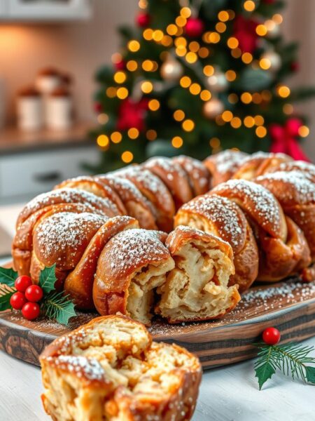 A beautifully baked Holiday Monkey Bread, displaying soft, golden-brown pull-apart pieces glistening with buttery caramel and sprinkled with festive cinnamon. The bread is arranged artistically on a rustic wooden serving platter, garnished with a dusting of powdered sugar and surrounded by bright red and green holiday decorations, like sprigs of holly and small ornaments. In the foreground, the texture of the bread showcases its fluffy, gooey inner layers, inviting viewers to enjoy a piece. The middle ground features a cozy, softly-lit kitchen setting with warm, ambient lighting that enhances the inviting atmosphere. In the background, a softly blurred Christmas tree adorned with twinkling lights sets a joyful holiday mood, suggesting warmth and togetherness without distractions.