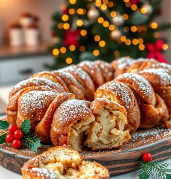 A beautifully baked Holiday Monkey Bread, displaying soft, golden-brown pull-apart pieces glistening with buttery caramel and sprinkled with festive cinnamon. The bread is arranged artistically on a rustic wooden serving platter, garnished with a dusting of powdered sugar and surrounded by bright red and green holiday decorations, like sprigs of holly and small ornaments. In the foreground, the texture of the bread showcases its fluffy, gooey inner layers, inviting viewers to enjoy a piece. The middle ground features a cozy, softly-lit kitchen setting with warm, ambient lighting that enhances the inviting atmosphere. In the background, a softly blurred Christmas tree adorned with twinkling lights sets a joyful holiday mood, suggesting warmth and togetherness without distractions.