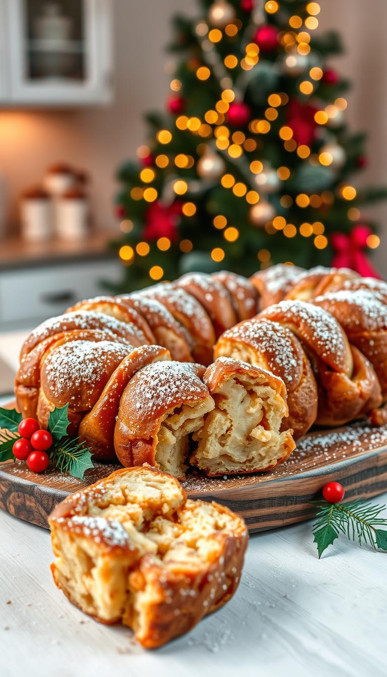 A beautifully baked Holiday Monkey Bread, displaying soft, golden-brown pull-apart pieces glistening with buttery caramel and sprinkled with festive cinnamon. The bread is arranged artistically on a rustic wooden serving platter, garnished with a dusting of powdered sugar and surrounded by bright red and green holiday decorations, like sprigs of holly and small ornaments. In the foreground, the texture of the bread showcases its fluffy, gooey inner layers, inviting viewers to enjoy a piece. The middle ground features a cozy, softly-lit kitchen setting with warm, ambient lighting that enhances the inviting atmosphere. In the background, a softly blurred Christmas tree adorned with twinkling lights sets a joyful holiday mood, suggesting warmth and togetherness without distractions.
