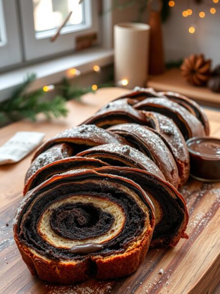 A beautifully baked chocolate babka, showcasing its rich, twisted layers of dark chocolate and soft, golden-brown dough. In the foreground, the babka is placed on a rustic wooden cutting board, with a few slices revealing the molten chocolate swirls inside. A sprinkle of powdered sugar dusts the top, and a small bowl of chocolate ganache sits nearby, inviting indulgence. The middle of the scene features a cozy kitchen atmosphere, with soft, natural light streaming through a nearby window, casting gentle shadows. The background includes hints of holiday decorations, like pine branches and twinkling fairy lights, adding warmth and a festive touch, creating an inviting, mouthwatering mood perfect for the season.