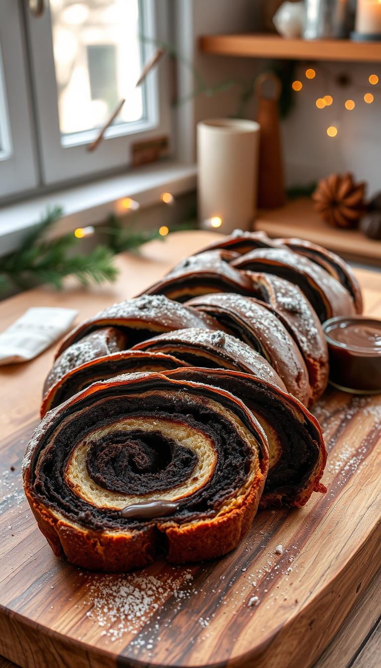 A beautifully baked chocolate babka, showcasing its rich, twisted layers of dark chocolate and soft, golden-brown dough. In the foreground, the babka is placed on a rustic wooden cutting board, with a few slices revealing the molten chocolate swirls inside. A sprinkle of powdered sugar dusts the top, and a small bowl of chocolate ganache sits nearby, inviting indulgence. The middle of the scene features a cozy kitchen atmosphere, with soft, natural light streaming through a nearby window, casting gentle shadows. The background includes hints of holiday decorations, like pine branches and twinkling fairy lights, adding warmth and a festive touch, creating an inviting, mouthwatering mood perfect for the season.