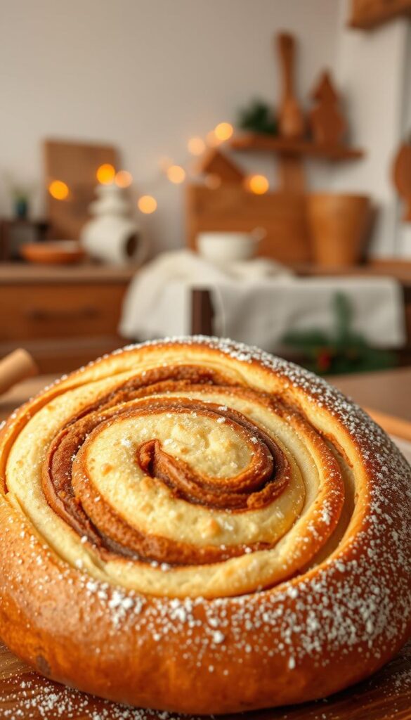 A beautifully baked cinnamon swirl Christmas bread sits prominently in the foreground, showcasing its rich golden-brown crust and distinct spiral patterns filled with swirls of aromatic cinnamon and brown sugar. The bread is dusted lightly with powdered sugar, adding a touch of festive charm. In the middle ground, a cozy kitchen setting is depicted, featuring warm wooden textures and soft white linens, with a hint of twinkling fairy lights blurred in the background. Soft, warm lighting casts a golden hue over the scene, evoking a sense of holiday warmth and comfort. The angle is slightly elevated, allowing a clear view of the bread's intricate details while also capturing the inviting atmosphere of the kitchen, perfect for the Christmas season.