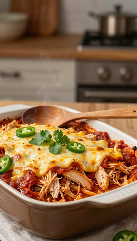 A beautifully baked enchilada chicken casserole, featuring layers of shredded chicken, vibrant red enchilada sauce, and melted cheese bubbling on top. In the foreground, the dish is presented in a rustic ceramic baking dish, garnished with fresh cilantro and sliced jalapeños for a pop of color. In the middle, a wooden spoon rests beside the casserole, inviting the viewer to serve. The background showcases a cozy kitchen setting with soft, warm lighting that highlights the dish’s golden edges and steam rising, creating a mouthwatering atmosphere. The angle captures the casserole at a slight tilt, emphasizing its layers while maintaining focus on the textures of the chicken and cheese. This inviting and homely scene aims to evoke comfort and simplicity. A beautifully baked enchilada chicken casserole, featuring layers of shredded chicken, vibrant red enchilada sauce, and melted cheese bubbling on top. In the foreground, the dish is presented in a rustic ceramic baking dish, garnished with fresh cilantro and sliced jalapeños for a pop of color. In the middle, a wooden spoon rests beside the casserole, inviting the viewer to serve. The background showcases a cozy kitchen setting with soft, warm lighting that highlights the dish’s golden edges and steam rising, creating a mouthwatering atmosphere. The angle captures the casserole at a slight tilt, emphasizing its layers while maintaining focus on the textures of the chicken and cheese. This inviting and homely scene aims to evoke comfort and simplicity.