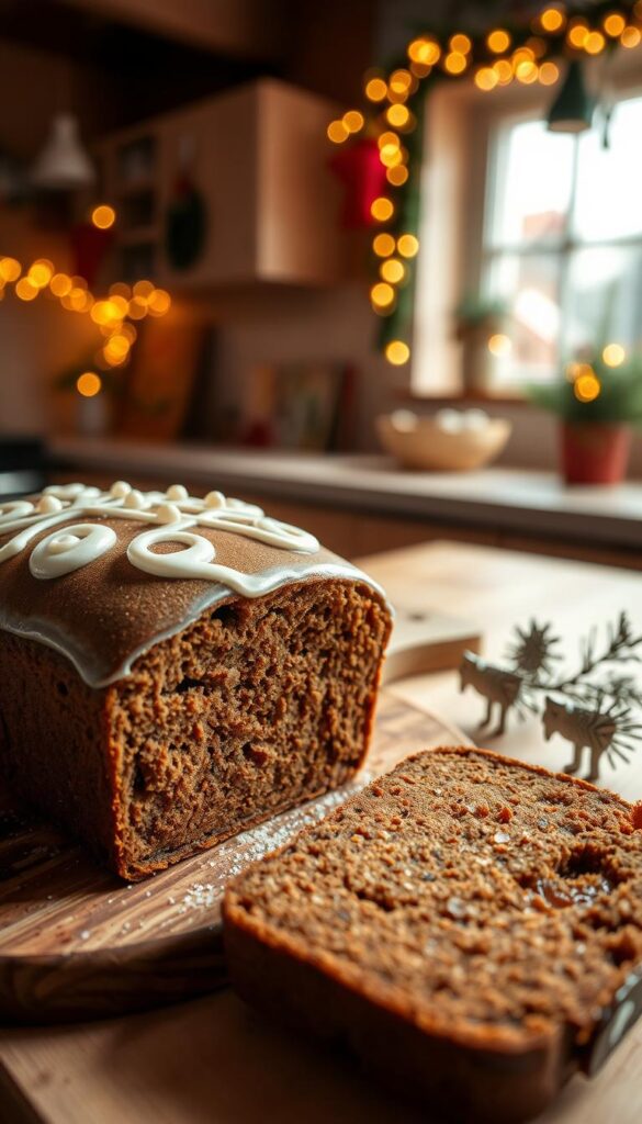 A beautifully baked gingerbread loaf, freshly glazed, rests on a rustic wooden cutting board. The loaf is adorned with delicate icing swirls and sprinkled with tiny pearls of sugar, creating a festive appearance. In the foreground, a slice of the loaf reveals its moist, spiced interior, with hints of cinnamon and nutmeg. The middle ground features a warm, inviting kitchen with soft, ambient lighting that highlights the deep brown hues of the bread. A faint glow from a nearby window casts gentle shadows, enhancing the cozy atmosphere. In the background, blurred holiday decorations, like twinkling lights and pine branches, evoke a joyful Christmas spirit, completing the scene with a warm and homely charm.