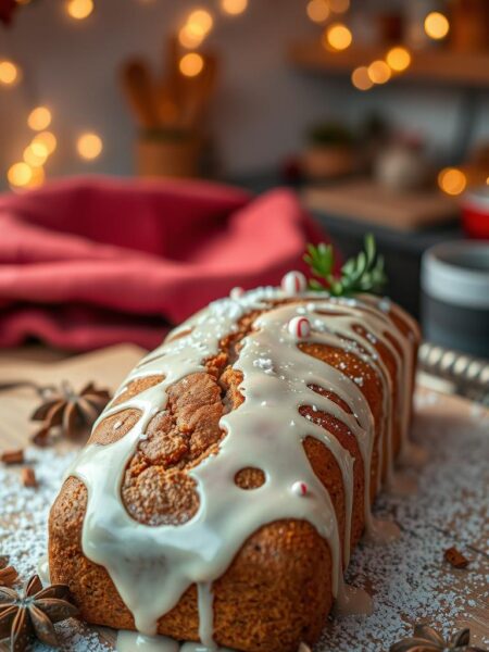 A beautifully baked gingerbread loaf, glistening with a delicate, creamy glaze that drips down the sides, is displayed as the focal point in the foreground. The loaf is adorned with a light dusting of powdered sugar and delicate holiday-themed decorations, such as small candy canes and sprigs of rosemary. In the middle ground, a rustic wooden cutting board adds warmth, surrounded by warm-toned kitchen fabrics and a few scattered spices like cinnamon sticks and star anise. The background features a softly blurred, cozy kitchen setting with twinkling fairy lights, evoking a festive atmosphere. The ambient lighting is warm and inviting, creating a sense of comfort and holiday cheer. Use a close-up angle to highlight the loaf's texture and details, capturing the essence of a wonderful Christmas treat.
