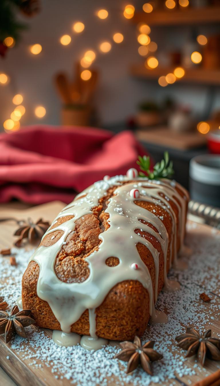 A beautifully baked gingerbread loaf, glistening with a delicate, creamy glaze that drips down the sides, is displayed as the focal point in the foreground. The loaf is adorned with a light dusting of powdered sugar and delicate holiday-themed decorations, such as small candy canes and sprigs of rosemary. In the middle ground, a rustic wooden cutting board adds warmth, surrounded by warm-toned kitchen fabrics and a few scattered spices like cinnamon sticks and star anise. The background features a softly blurred, cozy kitchen setting with twinkling fairy lights, evoking a festive atmosphere. The ambient lighting is warm and inviting, creating a sense of comfort and holiday cheer. Use a close-up angle to highlight the loaf's texture and details, capturing the essence of a wonderful Christmas treat.