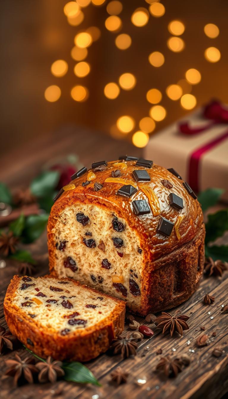 A beautifully crafted traditional panettone, showcasing its golden-brown, dome-shaped top with a slightly crispy crust, speckled with glistening candied orange peel and rich chocolate chunks. The panettone is sliced to reveal its fluffy, airy interior, filled with a delightful mix of dried fruits and nuts. In the foreground, place the panettone on a rustic wooden table, surrounded by a scattering of festive decorations like cinnamon sticks, star anise, and holly leaves. In the background, softly blurred fairy lights twinkle to create a warm, inviting Christmas atmosphere. The lighting should be warm and soft, giving the scene a cozy, festive mood, capturing the essence of holiday gatherings. The angle should be slightly overhead, emphasizing the delicious layers and textures of the panettone, inviting viewers to savor the moment.