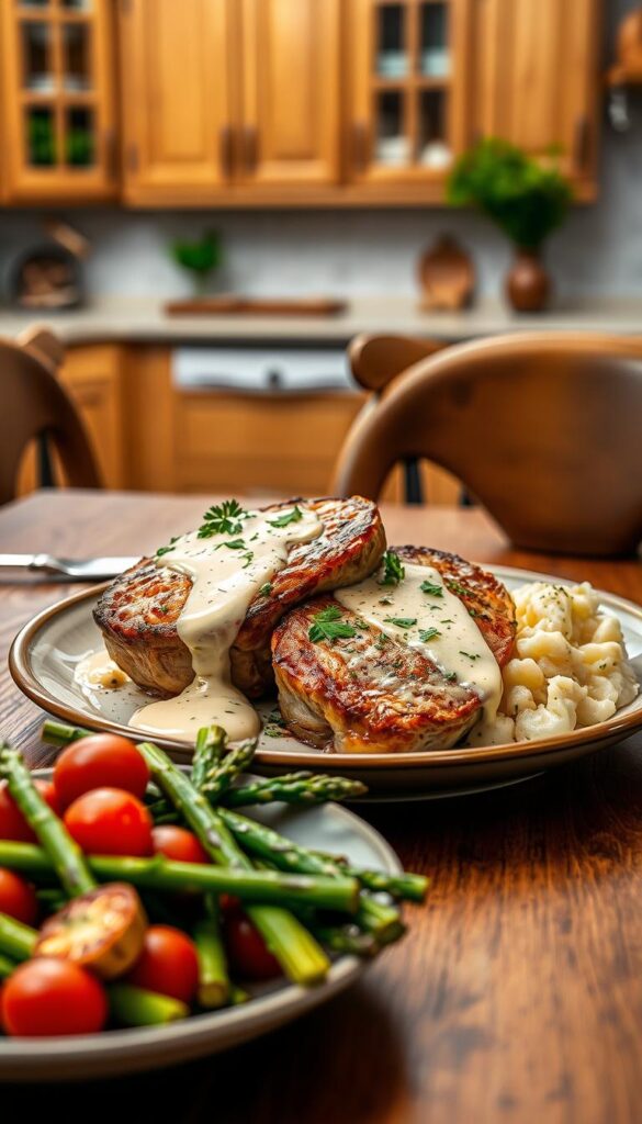 A beautifully plated dish of Boursin pork chops as the focal point, showcasing two succulent pork chops topped with a creamy Boursin cheese and herb sauce, glistening with a hint of garlic and fresh parsley. In the foreground, vibrant roasted vegetables like asparagus and cherry tomatoes add color, while a side of fluffy garlic mashed potatoes offers contrast. The middle ground captures a stylish wooden dining table, elegantly set with a rustic knife and fork. In the background, a softly lit kitchen with warm wooden cabinetry and a hint of herbs adds warmth to the scene. Soft, diffused lighting creates a cozy and inviting atmosphere, while a slightly elevated angle highlights the textures of the dish. The overall mood conveys a delightful culinary experience.