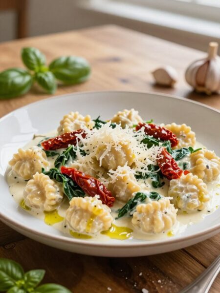 A beautifully plated dish of creamy Tuscan chicken gnocchi, featuring soft, pillowy gnocchi bathed in a luscious cream sauce infused with sun-dried tomatoes and fresh spinach. In the foreground, the gnocchi is garnished with a sprinkle of grated Parmesan cheese and a light drizzle of olive oil. The background showcases a rustic wooden table with hints of a cozy kitchen ambiance, soft natural light illuminating the scene from a nearby window, creating a warm and inviting atmosphere. A scattering of fresh basil leaves and garlic cloves add detail to the composition. Capture the essence of comfort food, emphasizing the richness of the dish while maintaining an elegant presentation that inspires culinary delight.