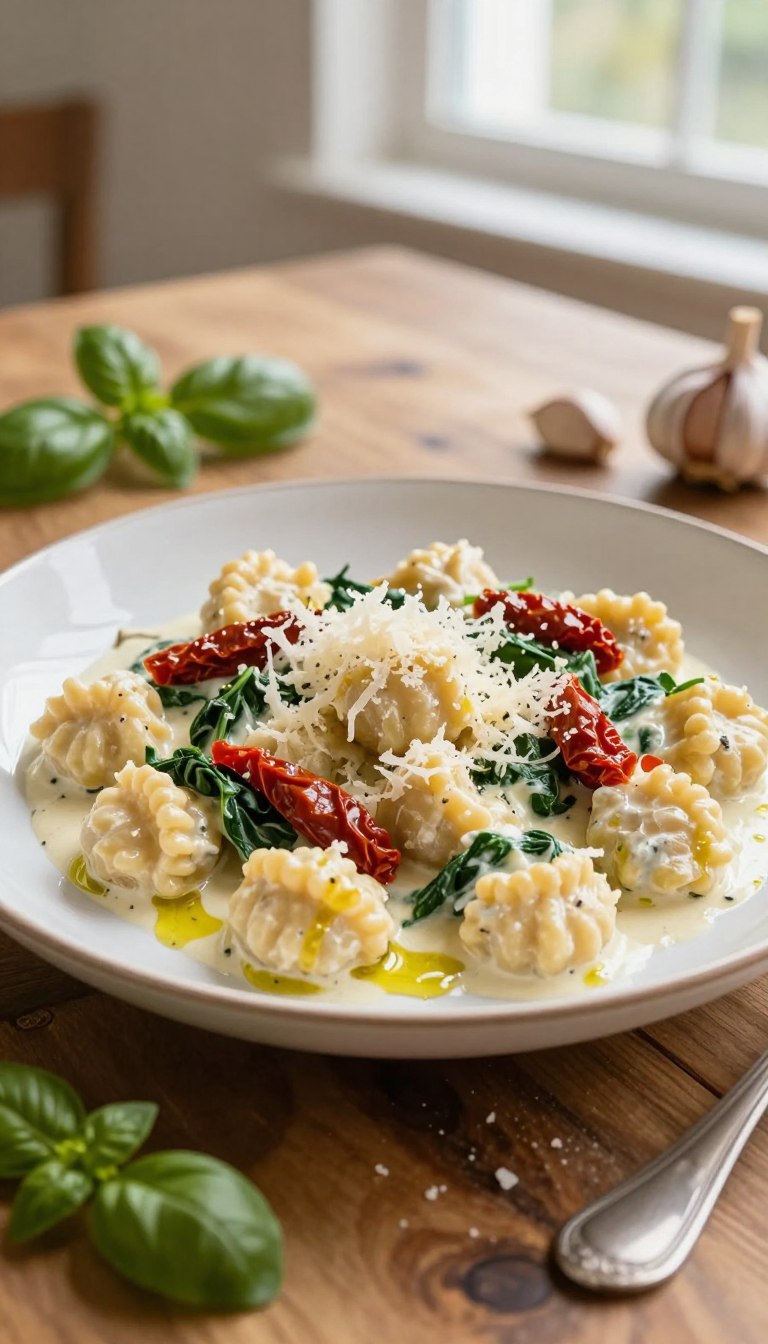 A beautifully plated dish of creamy Tuscan chicken gnocchi, featuring soft, pillowy gnocchi bathed in a luscious cream sauce infused with sun-dried tomatoes and fresh spinach. In the foreground, the gnocchi is garnished with a sprinkle of grated Parmesan cheese and a light drizzle of olive oil. The background showcases a rustic wooden table with hints of a cozy kitchen ambiance, soft natural light illuminating the scene from a nearby window, creating a warm and inviting atmosphere. A scattering of fresh basil leaves and garlic cloves add detail to the composition. Capture the essence of comfort food, emphasizing the richness of the dish while maintaining an elegant presentation that inspires culinary delight.