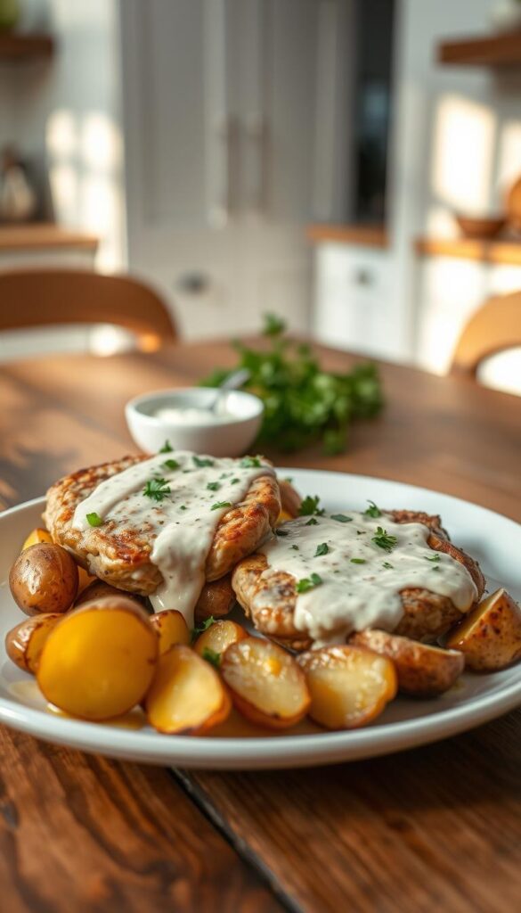 A beautifully plated dish of creamy ranch pork chops, showcasing tender, golden-brown pork chops smothered in rich, velvety ranch sauce. The chops are garnished with freshly chopped parsley and served alongside perfectly roasted baby potatoes, crisp and golden on the outside. In the foreground, a rustic wooden table complements the meal, with a white ceramic plate providing a clean backdrop. In the middle ground, a small bowl of ranch dressing and some sprigs of fresh parsley add color and freshness. The background features a soft-focus kitchen setting with warm, inviting lighting, casting gentle shadows that create a cozy atmosphere. Capture this scene from a slightly elevated angle to highlight the textures and details of the dish.