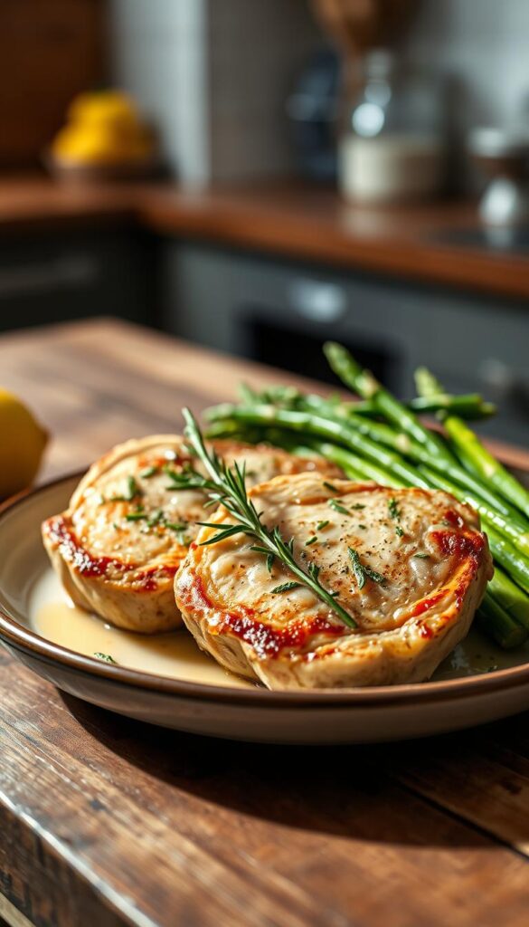 A beautifully plated dish of lemon herb pork chops garnished with fresh rosemary and thyme, showcasing the succulent meat with a golden-brown crust. The pork chops are served on a rustic wooden table, alongside vibrant green asparagus spears drizzled with a light garlic-lemon sauce. Soft, natural lighting bathes the scene, creating an inviting and appetizing atmosphere. The focus is on the pork chops in the foreground, with the asparagus elegantly arranged on the side. In the background, a blurred hint of an organic kitchen setting enhances the homely vibe. Capture the essence of a quick, delicious meal, emphasizing freshness and simplicity, while avoiding any text or branding elements in the image.