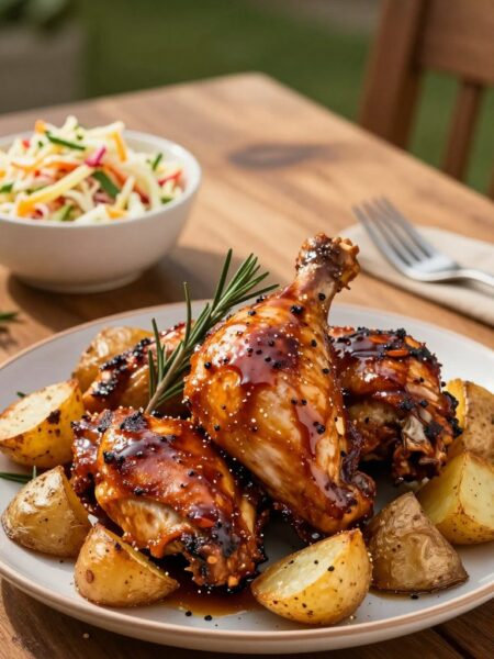 A beautifully plated serving of BBQ chicken thighs, glistening with a rich, caramelized glaze, sits prominently in the foreground. The chicken is surrounded by golden-brown roasted potatoes, perfectly crisped, with sprigs of fresh rosemary scattered for garnish. In the middle ground, a rustic wooden table enhances the homey feel, with a small bowl of vibrant coleslaw adding a splash of color. The background features a softly blurred outdoor setting with hints of greenery, suggesting a sunny backyard atmosphere. The lighting is warm and inviting, reminiscent of a late afternoon, casting gentle shadows that highlight the food's textures. The image captures the essence of comfort and effortless cooking, evoking a sense of family gatherings and delightful meals.