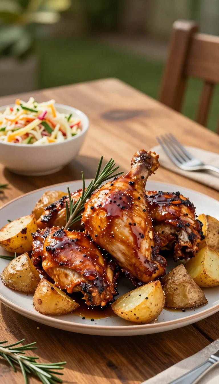 A beautifully plated serving of BBQ chicken thighs, glistening with a rich, caramelized glaze, sits prominently in the foreground. The chicken is surrounded by golden-brown roasted potatoes, perfectly crisped, with sprigs of fresh rosemary scattered for garnish. In the middle ground, a rustic wooden table enhances the homey feel, with a small bowl of vibrant coleslaw adding a splash of color. The background features a softly blurred outdoor setting with hints of greenery, suggesting a sunny backyard atmosphere. The lighting is warm and inviting, reminiscent of a late afternoon, casting gentle shadows that highlight the food's textures. The image captures the essence of comfort and effortless cooking, evoking a sense of family gatherings and delightful meals.