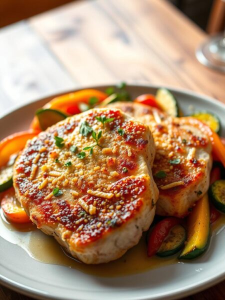 A beautifully plated serving of parmesan crusted pork chops, garnished with fresh herbs, sits at the forefront. The pork chops have a golden, crispy coating that reflects the light, showcasing their juicy interior. Surrounding the pork chops are vibrant sautéed vegetables, including colorful bell peppers and green zucchini, glistening with olive oil. The background features a rustic wooden table, softly blurred to emphasize the delicious meal. Natural lighting filters in from the left, creating a warm, inviting atmosphere. The angle captures the dish at eye level, inviting viewers to imagine the rich flavors and home-cooked feel of this one-pan meal. The overall mood conveys a sense of comfort and culinary delight, perfect for a quick yet satisfying dinner.