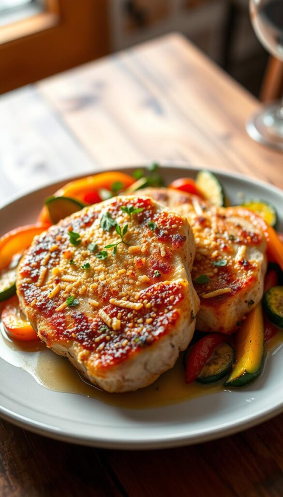 A beautifully plated serving of parmesan crusted pork chops, garnished with fresh herbs, sits at the forefront. The pork chops have a golden, crispy coating that reflects the light, showcasing their juicy interior. Surrounding the pork chops are vibrant sautéed vegetables, including colorful bell peppers and green zucchini, glistening with olive oil. The background features a rustic wooden table, softly blurred to emphasize the delicious meal. Natural lighting filters in from the left, creating a warm, inviting atmosphere. The angle captures the dish at eye level, inviting viewers to imagine the rich flavors and home-cooked feel of this one-pan meal. The overall mood conveys a sense of comfort and culinary delight, perfect for a quick yet satisfying dinner.