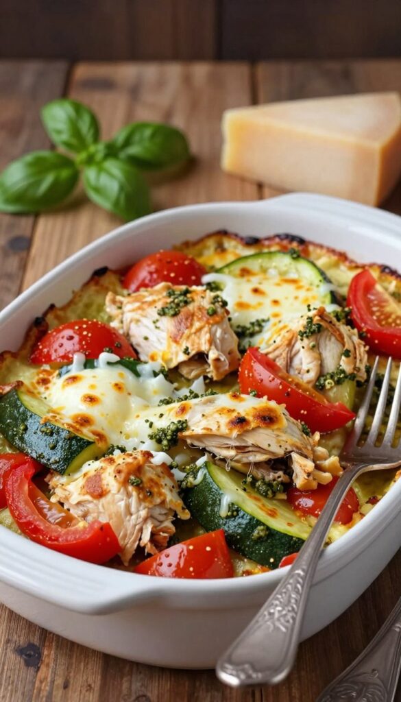 A beautifully presented Italian chicken casserole in a ceramic baking dish. The casserole is filled with tender chunks of chicken, bell peppers, zucchini, and chunks of ripe tomatoes, all drizzled with a rich and aromatic basil pesto sauce. The dish is topped with melted mozzarella cheese, golden and bubbling around the edges. In the foreground, a fork is resting against the dish, ready to serve. The middle ground showcases a rustic wooden table adorned with fresh basil leaves and Parmesan cheese in the background. Warm, inviting ambient lighting creates a cozy atmosphere, highlighting the vibrant colors of the vegetables and the golden crust of the casserole. The angle is a slightly elevated view, providing a delightful perspective of this delicious meal, evoking comfort and easy home cooking. A beautifully presented Italian chicken casserole in a ceramic baking dish. The casserole is filled with tender chunks of chicken, bell peppers, zucchini, and chunks of ripe tomatoes, all drizzled with a rich and aromatic basil pesto sauce. The dish is topped with melted mozzarella cheese, golden and bubbling around the edges. In the foreground, a fork is resting against the dish, ready to serve. The middle ground showcases a rustic wooden table adorned with fresh basil leaves and Parmesan cheese in the background. Warm, inviting ambient lighting creates a cozy atmosphere, highlighting the vibrant colors of the vegetables and the golden crust of the casserole. The angle is a slightly elevated view, providing a delightful perspective of this delicious meal, evoking comfort and easy home cooking.