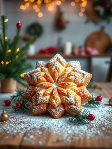 A beautifully styled pandoro, an Italian holiday cake-bread, prominently displayed in the foreground. The pandoro is dusted with a light snowfall of powdered sugar, showcasing its star-shaped design and golden-brown, flaky texture. Surrounding it, festive decorations like sprigs of pine and small ornaments create a warm and inviting atmosphere. In the middle ground, a rustic wooden table adds depth, with a soft focus to highlight the pandoro. In the background, a softly lit kitchen with twinkling Christmas lights enhances the cozy holiday mood. The lighting is warm and inviting, reminiscent of candlelight, captured from a slightly elevated angle, emphasizing the pandoro’s height and grandeur, creating a mouthwatering and festive scene.